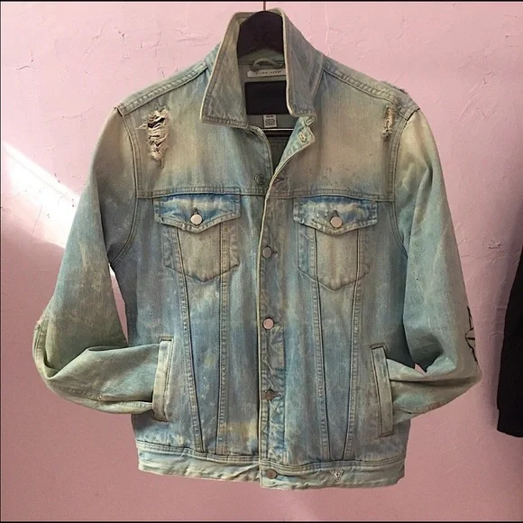 Guess Denim Rose Jean Jacket Acid Wash Patchwork Paintings Skull Compass Blood - Picture 7 of 12